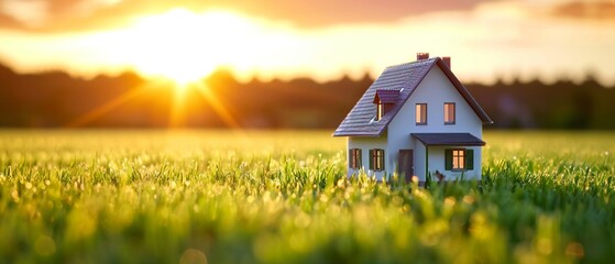 Miniature house in a field at sunset, concept of dream home or eco living.