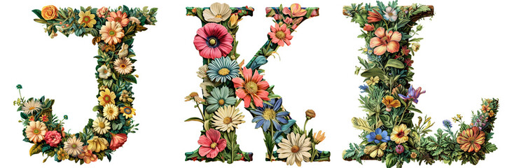 Floral Letters J K L Set Isolated on Transparent or White Background, PNG