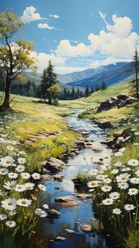 landscape filled with daisies and fresh green grass. Nature's canvas painted with vibrant colors. It's the season of new beginnings, where flowers bloom, 