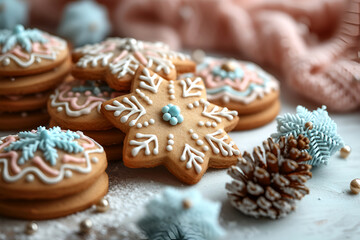 Cookies decorated with icing in a vintage quilt pattern in shades of blue and white. Christmas cookies background.