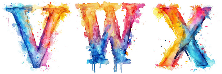 Watercolor Letters V W X Set Isolated on Transparent or White Background, PNG - obrazy, fototapety, plakaty
