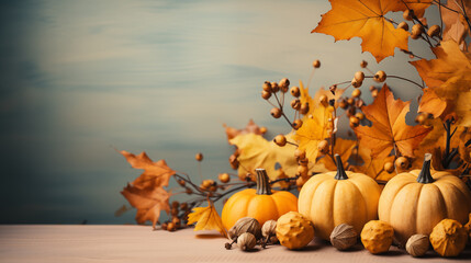 Naklejka na ściany i meble Orange pumpkins and different autumn decoration for Thanksgiving day on the light background, top view