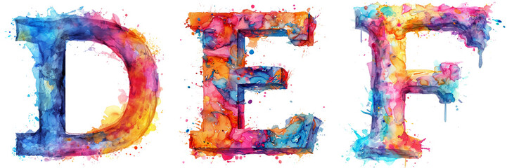 Watercolor Letters D E F Set Isolated on Transparent or White Background, PNG