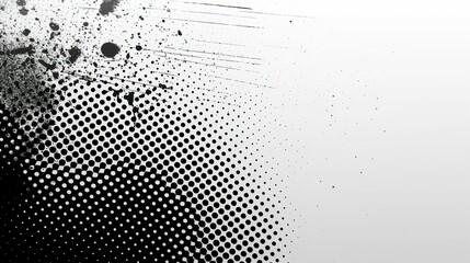 Naklejka premium Abstract black and white halftone dot gradient background with paint splatter effect.