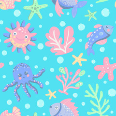 seamless pattern with sea animals and corals
