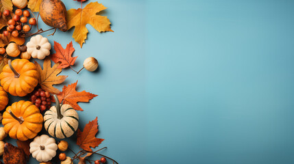 Orange pumpkins and different autumn decoration on the light blue background, top view