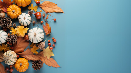 Orange pumpkins and different autumn decoration on the light blue background, top view