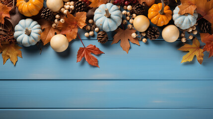 Orange pumpkins and different autumn decoration on the light blue background, top view