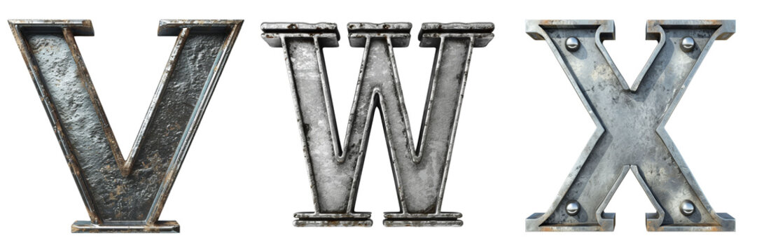 Metal Letters V W X Set Isolated on Transparent or White Background, PNG