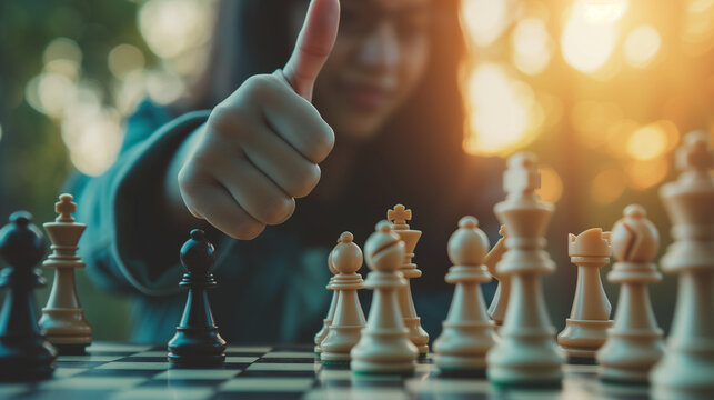 Asian woman playing chess in the park. Concept of business strategy, leadership and success.