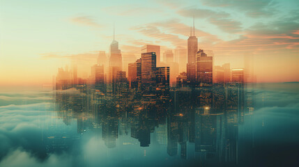 Surreal cityscape above clouds at sunset, with skyscrapers and light reflections.