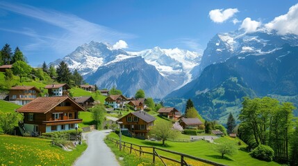 Idyllic Swiss village with wooden chalets, green fields, and snow-capped mountains under a clear blue sky. - obrazy, fototapety, plakaty