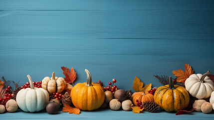 Orange pumpkins and different autumn decoration on the light blue background, top view