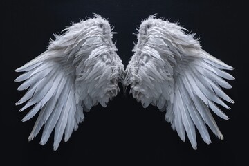 Angel wings isolated on the black background, fantasy feather wings for fashion design, cosplay and dress up party