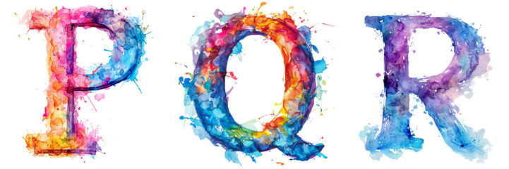 Watercolor Letters P Q R Set Isolated on Transparent or White Background, PNG