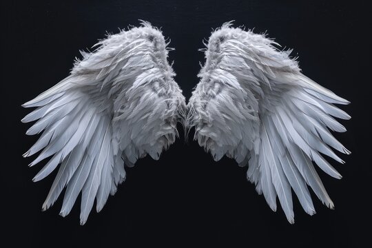 Angel wings isolated on the black background, fantasy feather wings for fashion design, cosplay and dress up party