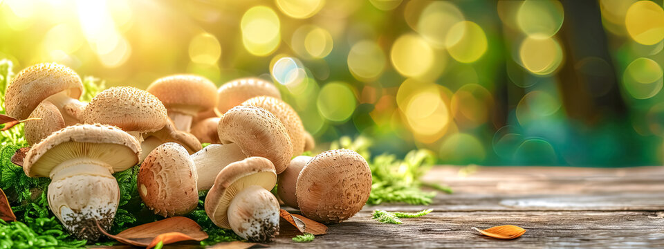 Group of mushrooms on wooden table, a natural ingredient for cuisine