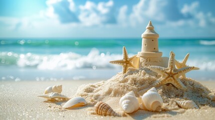 Fototapeta na wymiar Sandcastle on a Beach with Seashells and Starfish