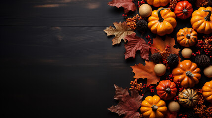 Orange pumpkins and different autumn decoration on the dark background, top view