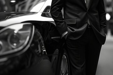 car hiring black coupe man in a suit and tie Generative AI - obrazy, fototapety, plakaty