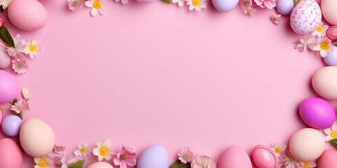 Naklejka na ściany i meble Pink background with colorful easter eggs round frame 
