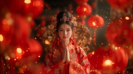 Chinese New Year, wearing Xiuhe dress sitting on the chair, red and golden,romantic,noble temperament - obrazy, fototapety, plakaty