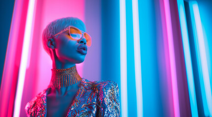 Androgynous fashion model in orange sunglasses posing on blue pink neon lights background. Black beautiful woman in futuristic neon studio - 730402485