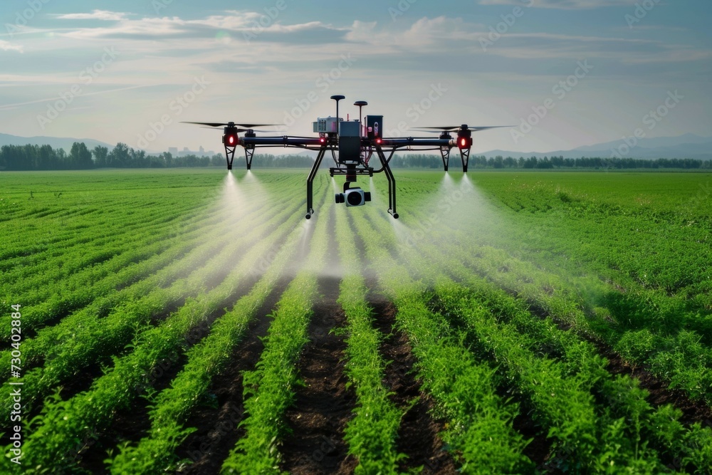 Aufkleber a modern drone irrigates a field on a farm with fertilizer. background with selective focus and copy