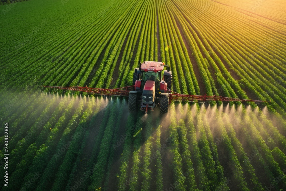 Poster a tractor irrigates the soil with fertilizer. background with selective focus and copy space