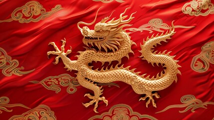 Chinese New Year background with dragon red background, in luxury wall hanging style, luxury fabric, western week, precise lines, festive color style