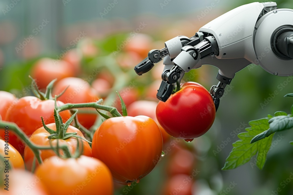 Aufkleber a robot hand works on a modern farm. background with selective focus and copy space