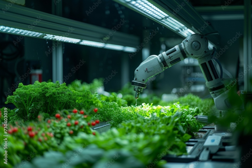 Aufkleber modern greenhouse with robots. background with selective focus and copy space