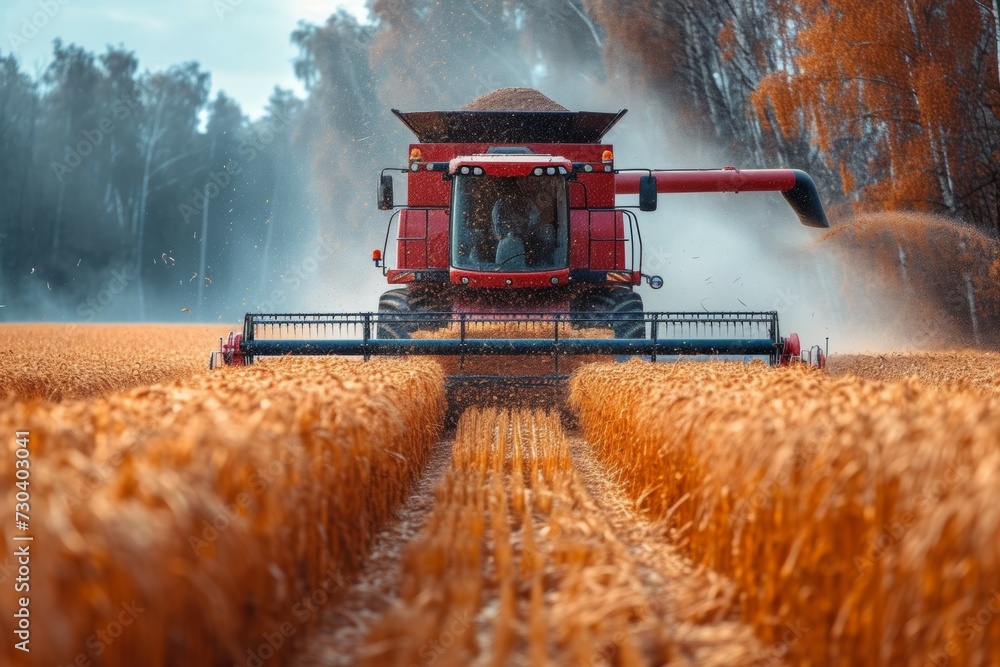 Poster the combine harvests the crop on the field. background with selective focus and copy space