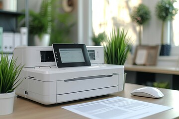 Office printer. Background with selective focus and copy space