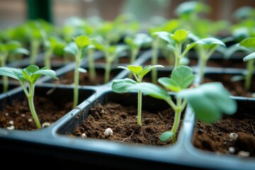 Spring seedlings in trays. Background with selective focus and copy space