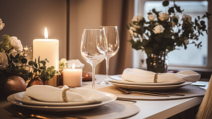 Festive date night tablescape idea, dinner table setting for two and Christmas, New Year, Valentines day decor, English country home styling