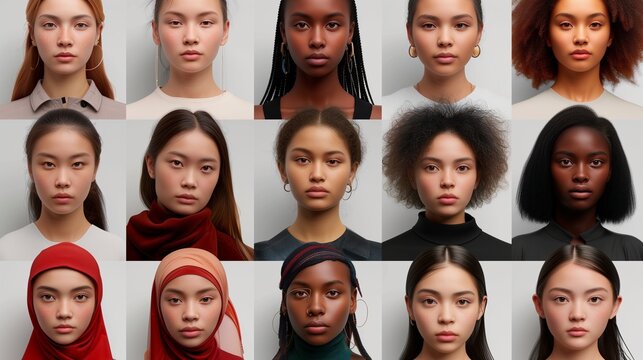 a composite image showcasing a variety of serious young women from around the globe, with a focus on diverse ethnic and racial representations.