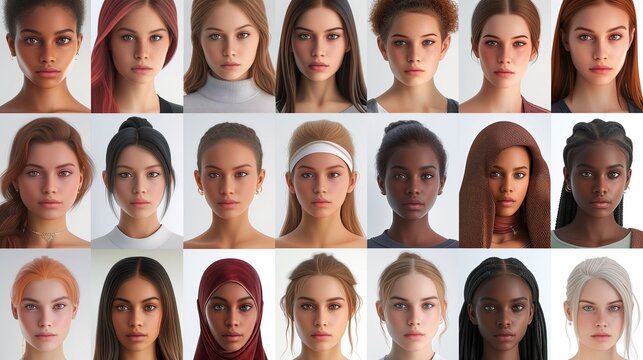 a composite image showcasing a variety of serious young women from around the globe, with a focus on diverse ethnic and racial representations.