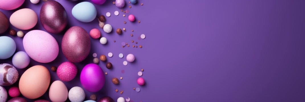 Purple background with colorful easter eggs round frame