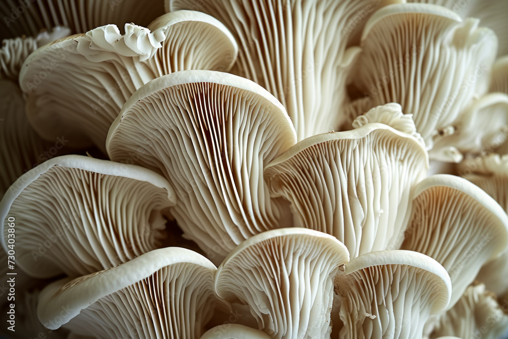 Poster mycelium with mushrooms, bottom view. background with selective focus and copy space