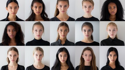 a composite portrait of a series of serious young women's headshots, representing all ethnic, racial, and geographic types.