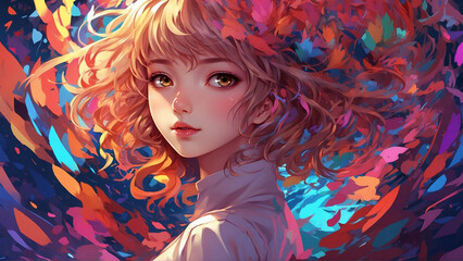Radiant woman with vibrant hair adorned by blooming flowers, immersed in a colorful fantasy world. Digital art masterpiece blending beauty and nature in an Art Nouveau-style portrait.