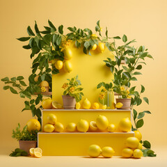 Design a citrus-themed podium product display with a vibrant lemon-yellow backdrop. This fresh and summery scene is perfect for Generative AI,