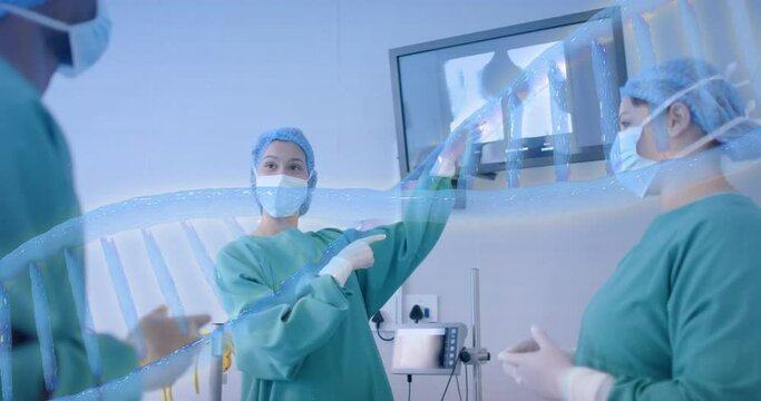 Animation of dna strand over diverse surgeons in hospital