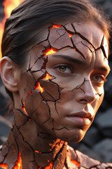 A close up of a person's face with a cracked surface, made of lava