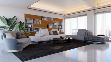 Large luxury modern bright interiors Living room mockup illustration 3D rendering image