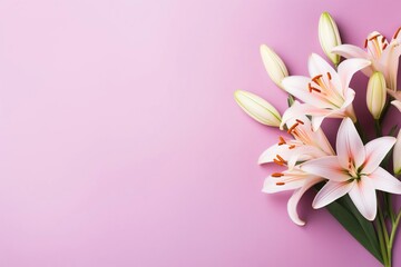 Spring flowers lily. Bouquet of flowers on pastel background. Valentine's Day, Easter, Birthday, Happy Women's Day, Mother's Day. Flat lay, top view, copy space for text 