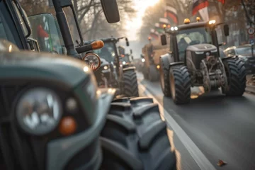 Poster Farmers on tractors go to protest. Background with selective focus and copy space © top images