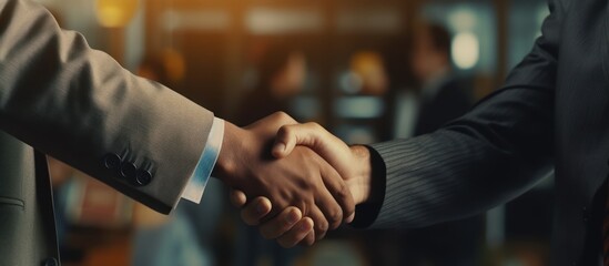 Two businessmen are agreeing on business together and shaking hands after a successful negotiation - obrazy, fototapety, plakaty