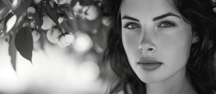 Gorgeous brunette girl in cherry orchard B&W photo, close-up.